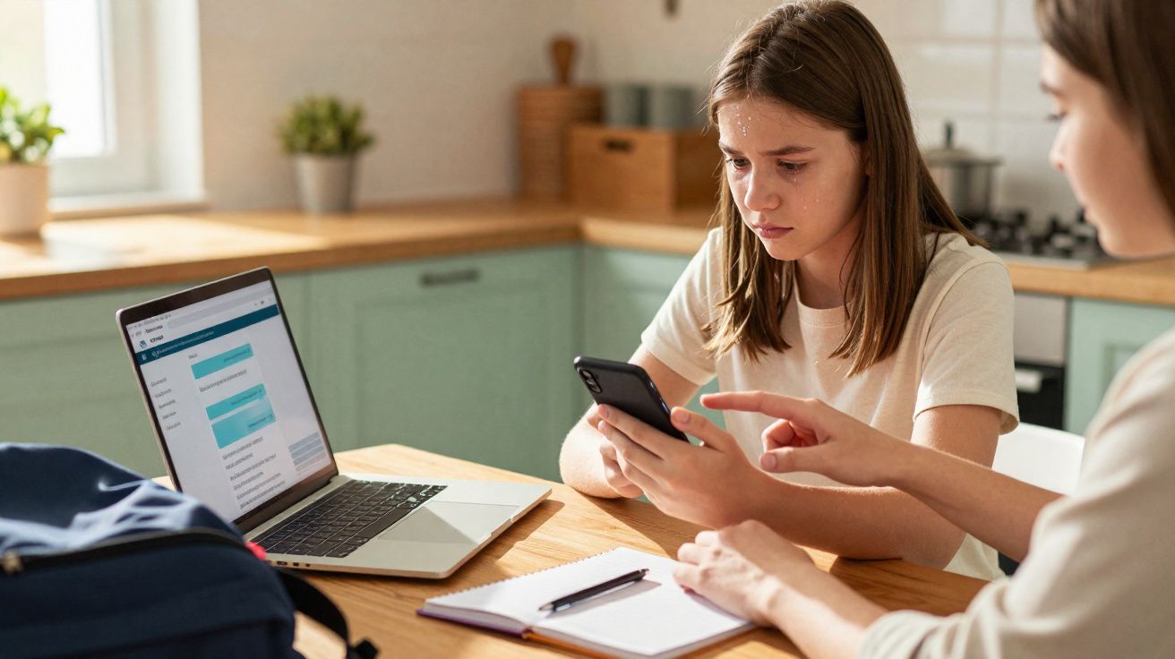 Adolescente preocupada olhando celular com outra pessoa apontando, laptop e material escolar na mesa.