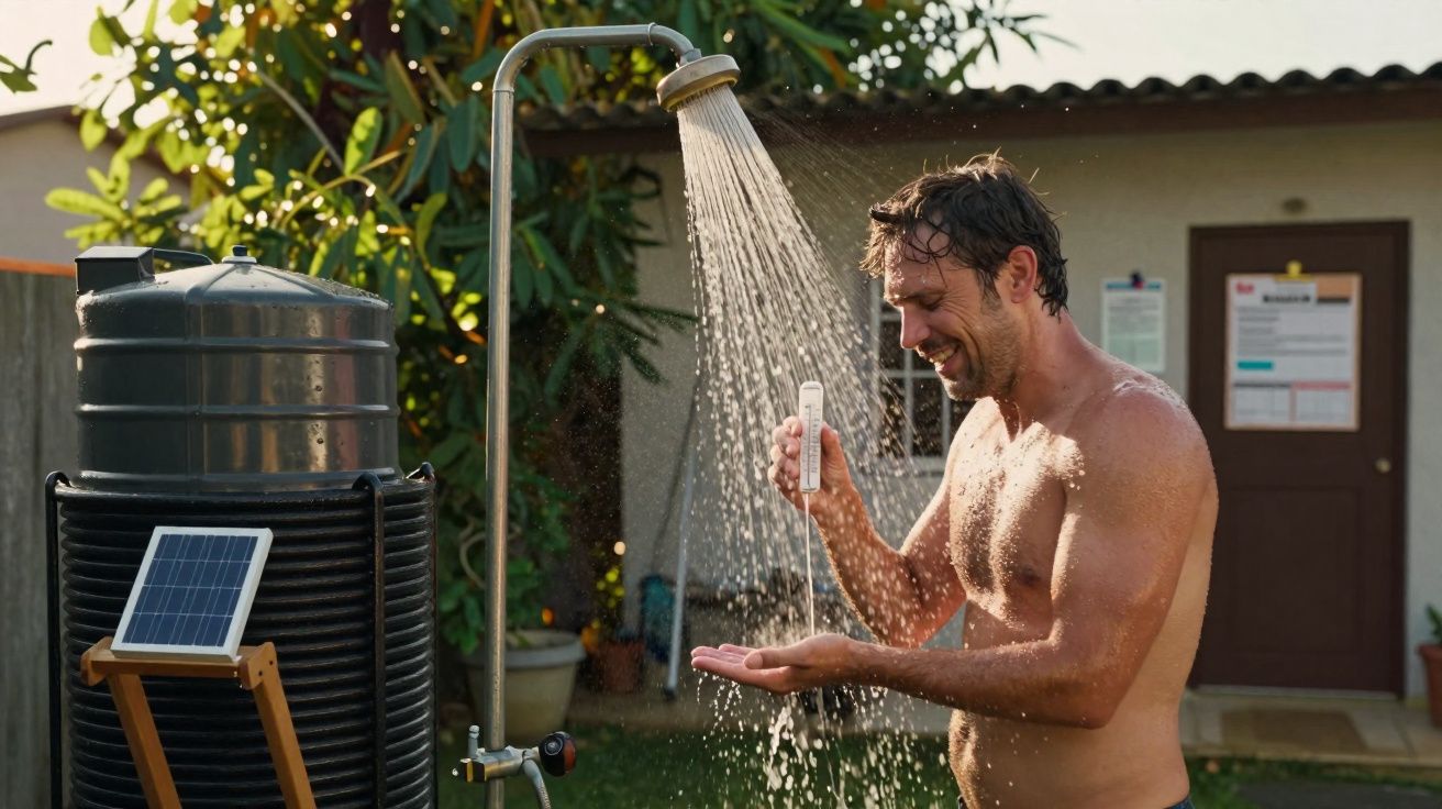 Homem tomando banho ao ar livre com chuveiro ligado e segurando um termômetro digital.