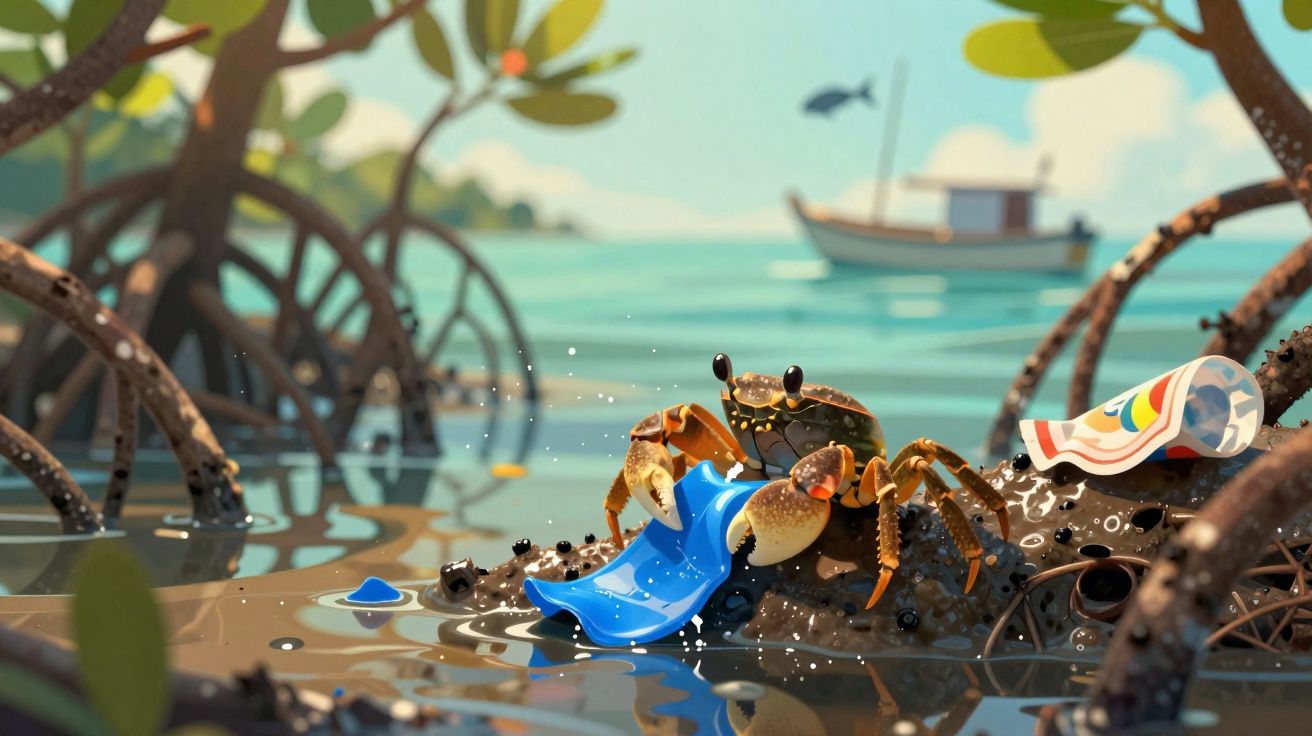 Caranguejo em manguezal segurando pedaço de plástico azul com lixo e barco ao fundo.
