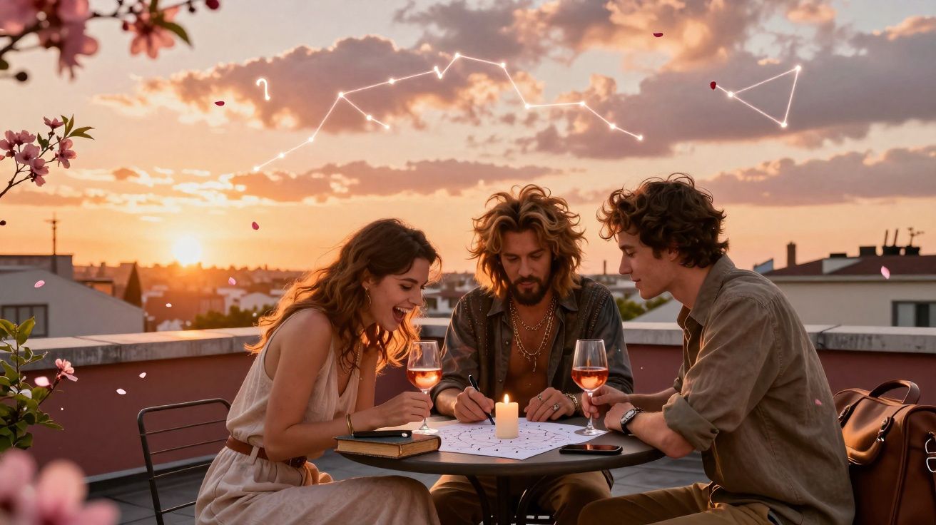 Três amigos sentados em terraço ao pôr do sol, com taças, vela acesa e constelações iluminadas no céu.