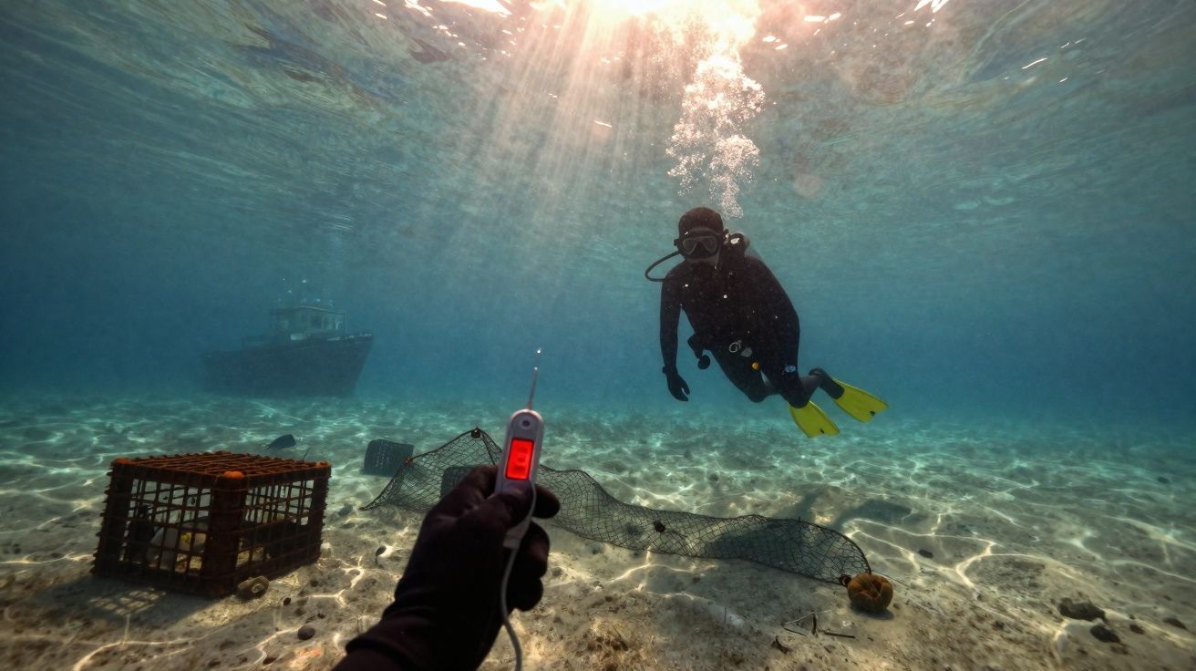 Mergulhador com nadadeiras amarelas perto do fundo do mar com gaiola e rede, medindo oxigênio no equipamento.