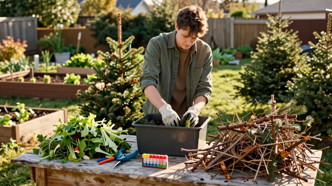 Pessoa plantando mudas em vaso com ferramentas e galhos sobre mesa em jardim ensolarado.