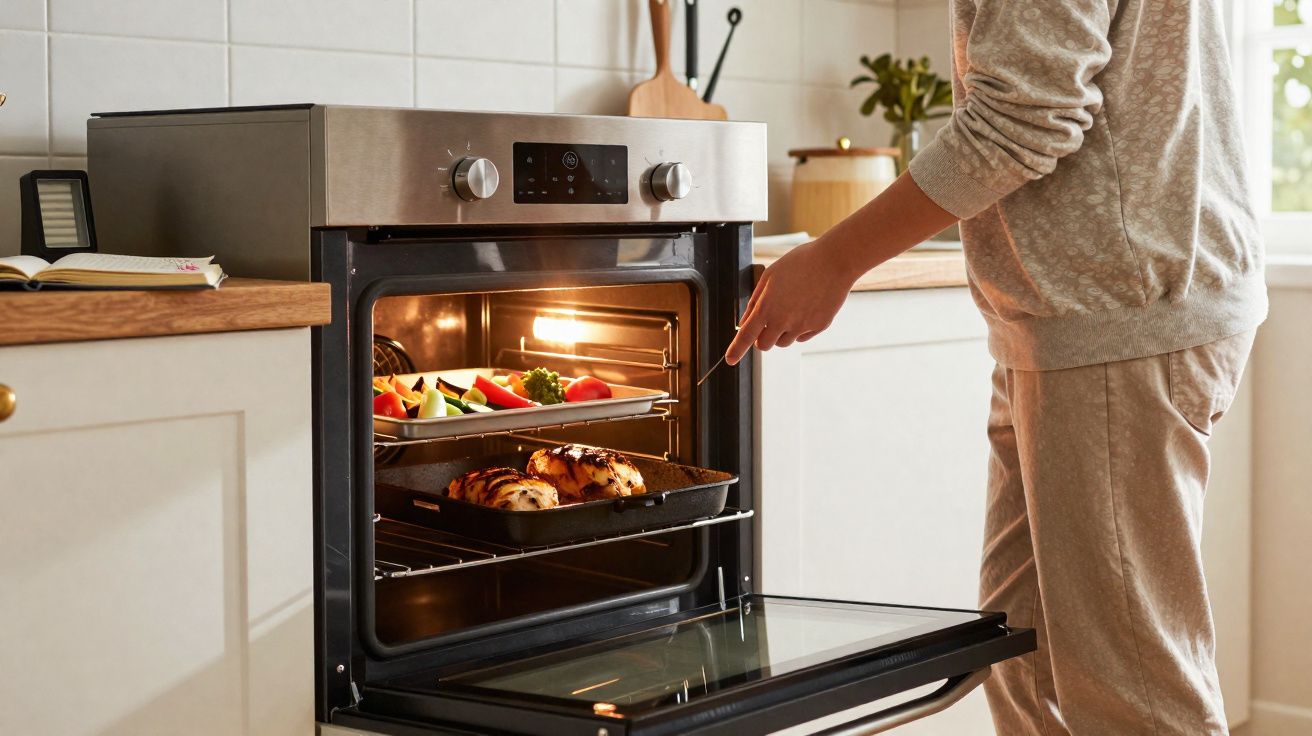Pessoa retirando assadeira com frango assado do forno elétrico na cozinha iluminada.