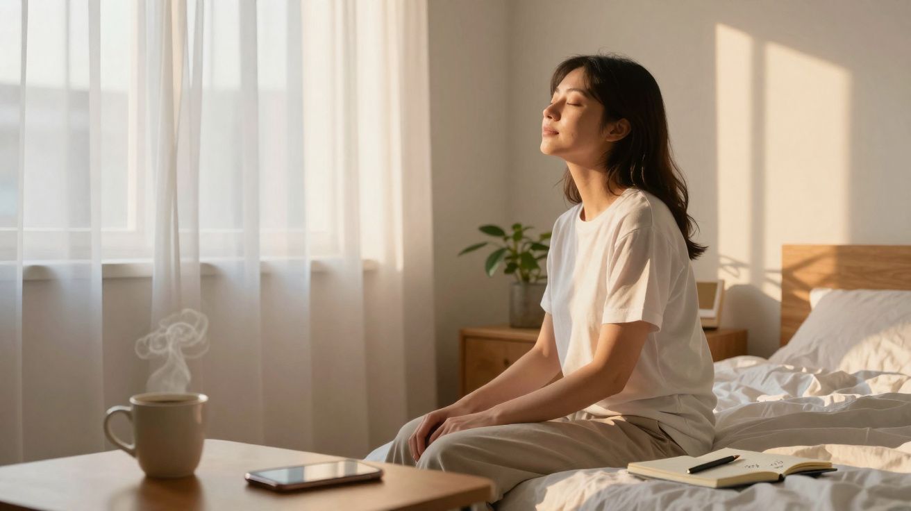 Mulher relaxando na cama com olhos fechados, luz do sol entrando pela janela e chá quente na mesa.