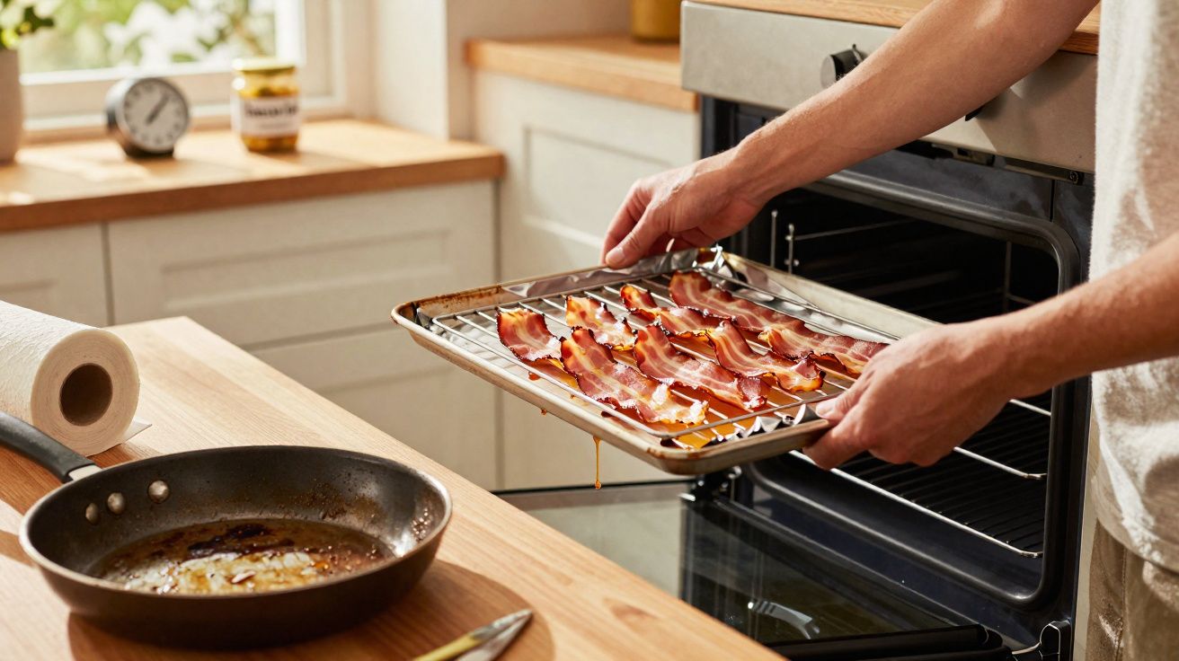 Pessoa retirando bandeja com fatias de bacon do forno em cozinha iluminada.