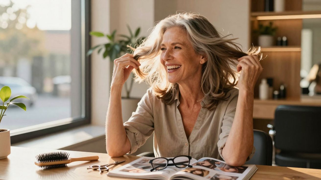 Mulher sorridente com cabelos grisalhos ao redor de revista em ambiente iluminado e acolhedor.