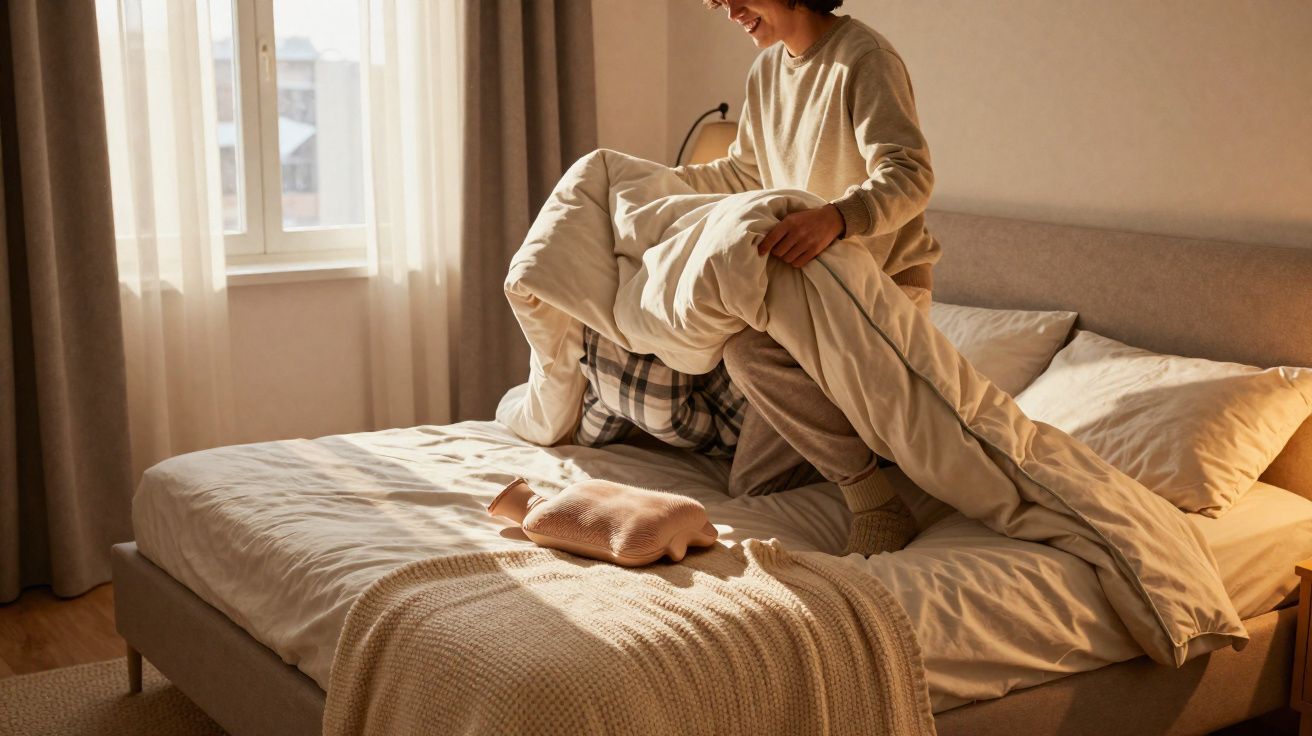 Pessoa arrumando a cama em um quarto iluminado pela luz natural da manhã.