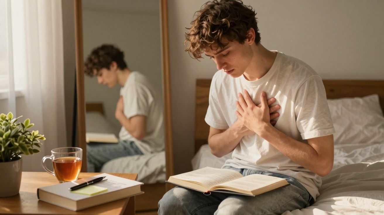 Jovem sentado na cama com mãos no peito, lendo livro, com espelho ao fundo e chá ao lado.