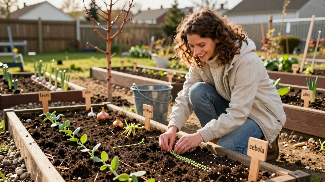 Mulher plantando ervilhas em canteiro elevado em horta ao ar livre com placas de identificação.