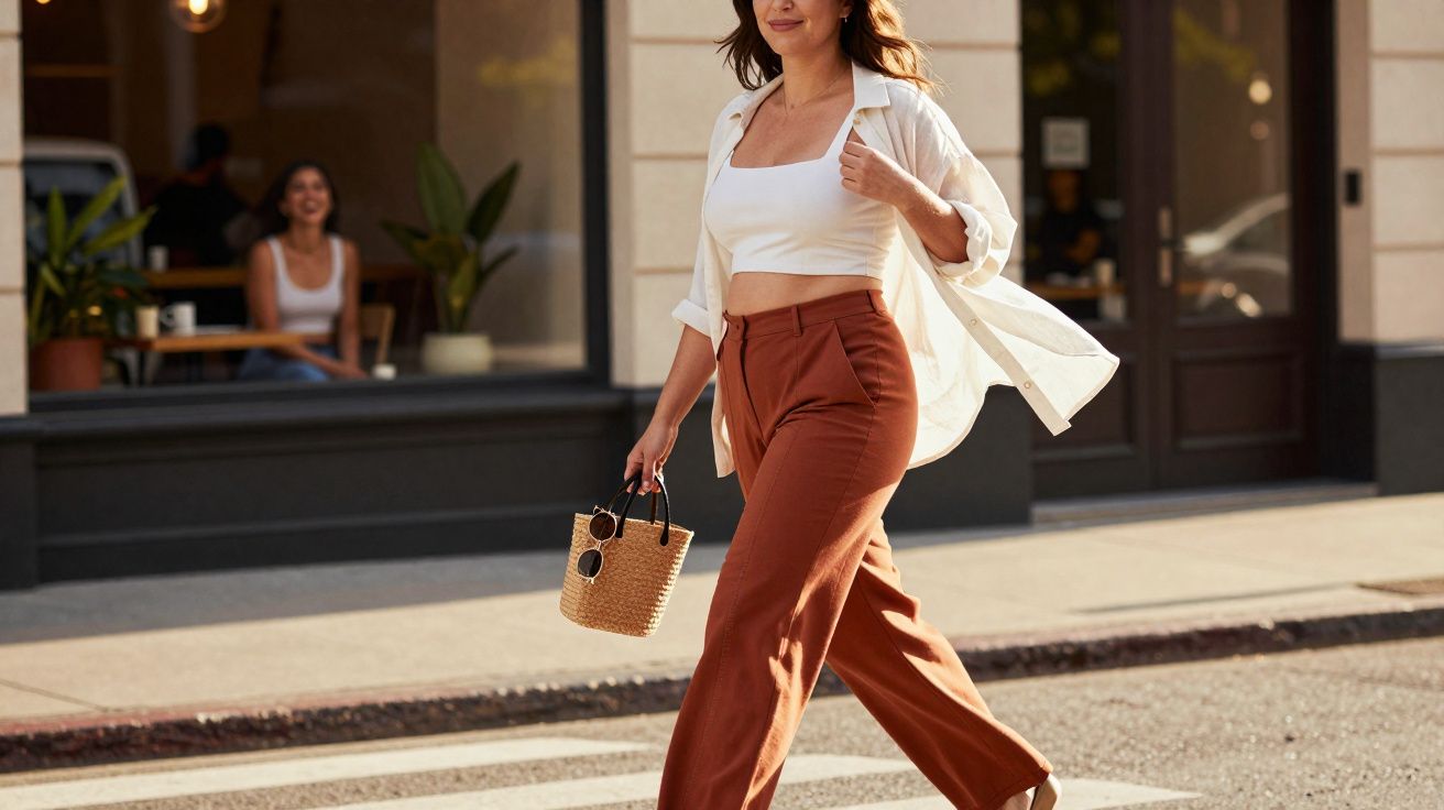 Mulher caminhando na rua com calça marrom, blusa branca e bolsa de palha em dia ensolarado.