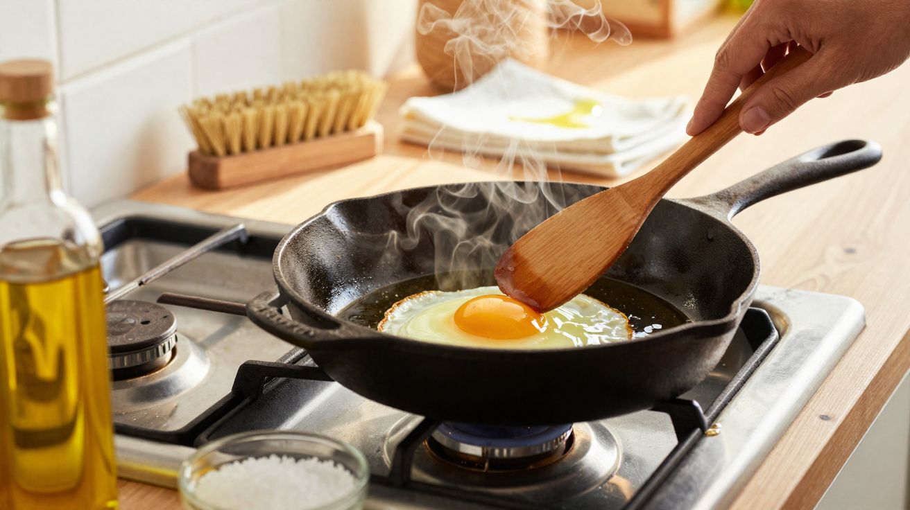 Mão usando espátula de madeira para fritar ovo com gema inteira em frigideira preta no fogão.