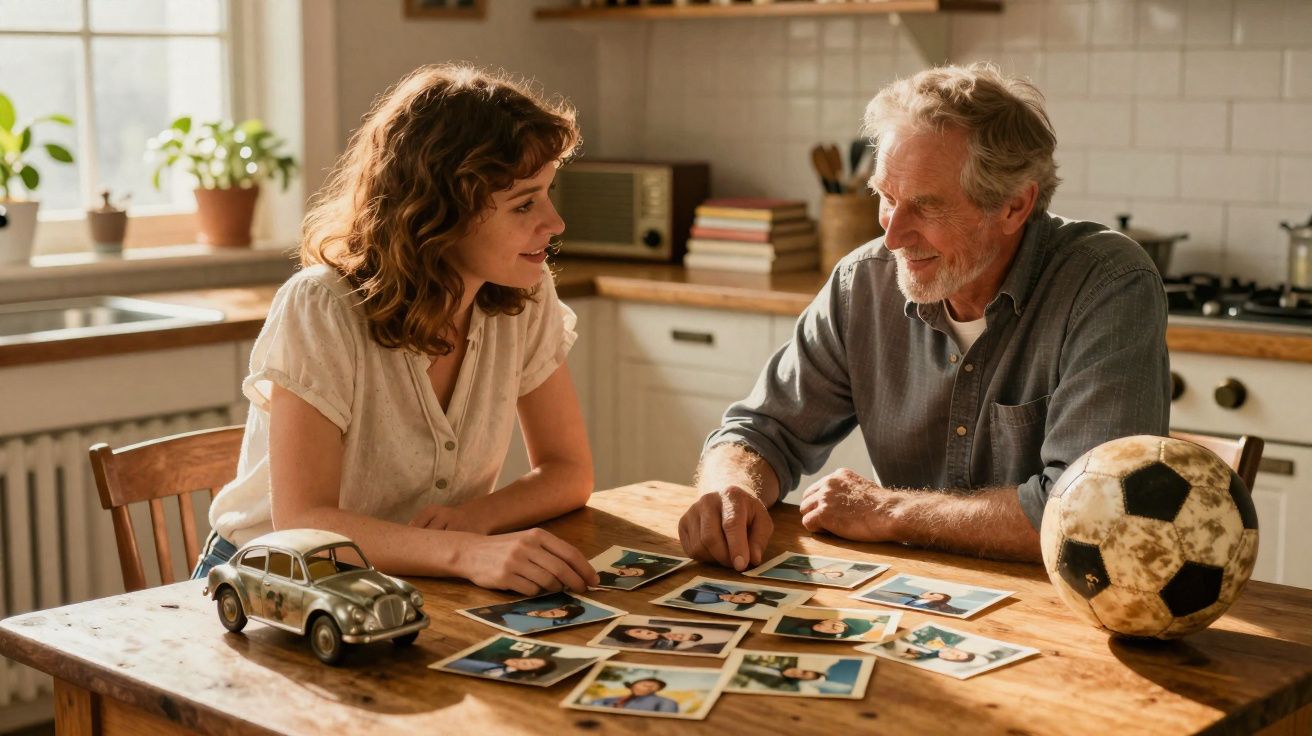 Mulher e homem idosos olhando fotos antigas em uma mesa com bola de futebol e carrinho de brinquedo.