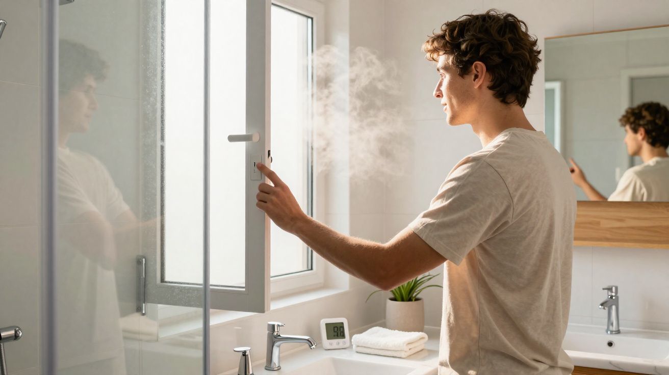 Homem abrindo janela do banheiro para ventilar ambiente com vapor.
