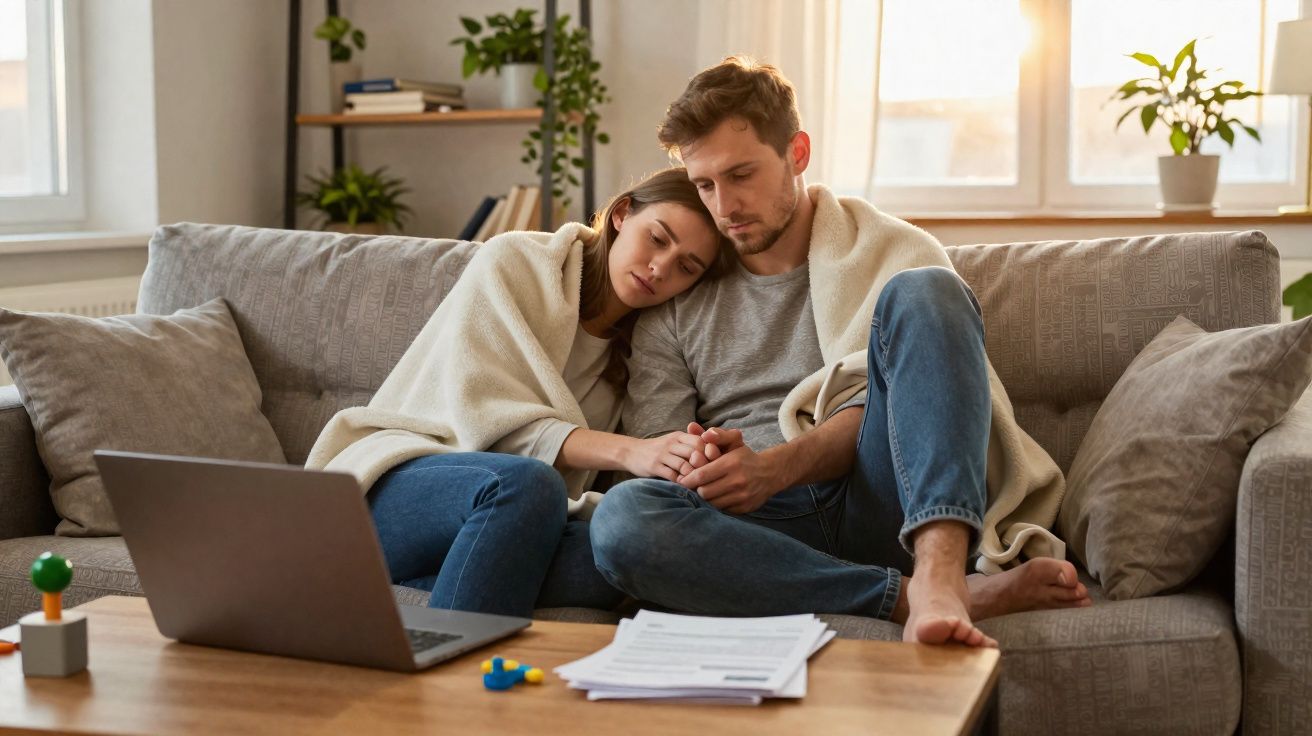Casal preocupado abraçado no sofá, cobertos por um cobertor, com laptop e documentos na mesa à frente.