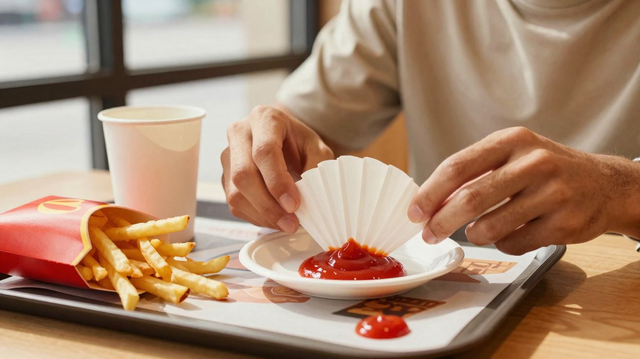 Pessoa usando filtro de papel para ketchup ao lado de batatas fritas e copo em bandeja.