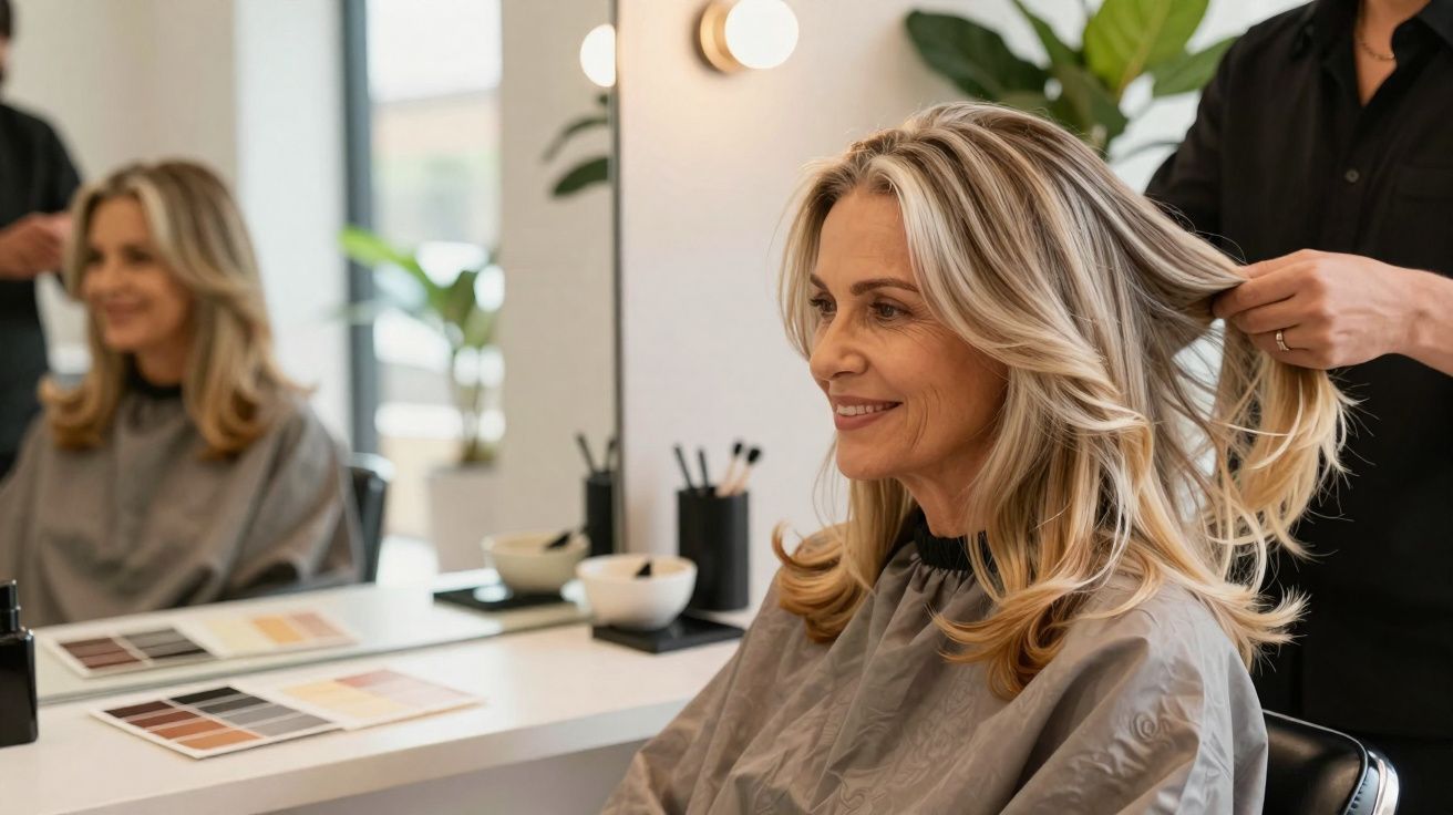 Mulher loira sorrindo recebe penteado em salão de beleza moderno com espelho à frente.