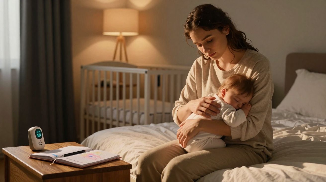 Mãe sentada na cama segurando bebê adormecido, com berço, abajur e monitor de bebê ao fundo.
