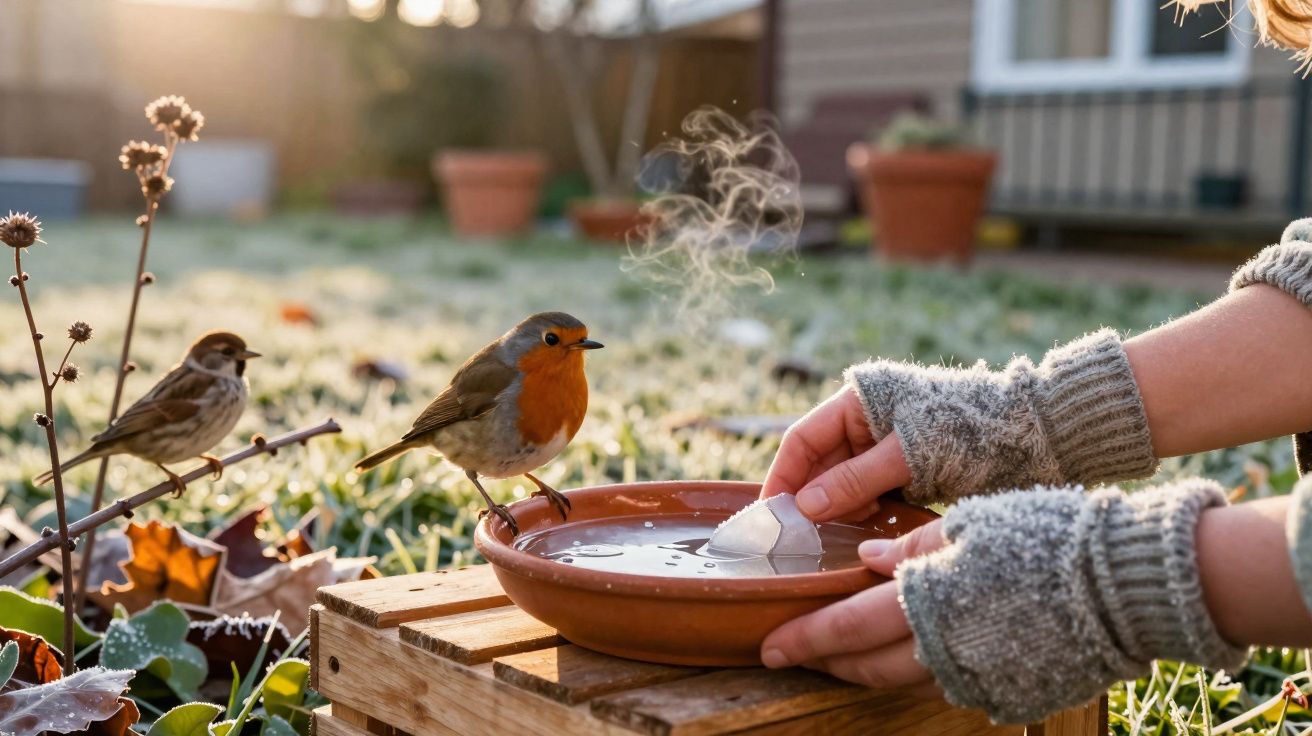 Mãos com luvas cinza seguram tigela com água quente para pássaro em jardim frio ao amanhecer.