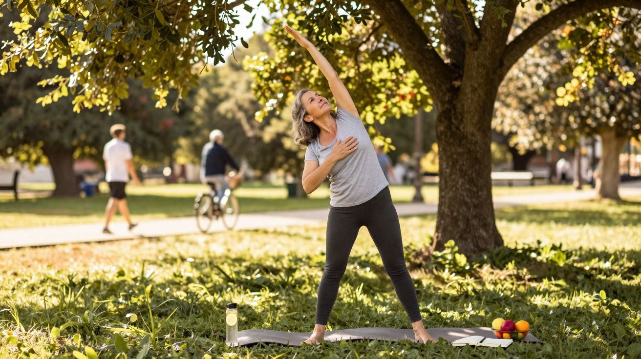 Mulher madura fazendo alongamento em parque, ao lado de árvore, com frutas e garrafa de água no chão.