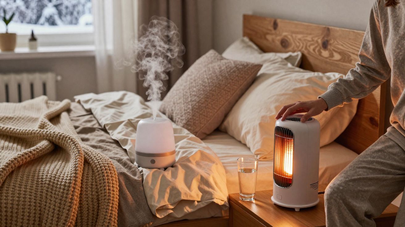Pessoa ajusta aquecedor portátil ao lado de um umidificador em cama aconchegante com cobertores e travesseiros.