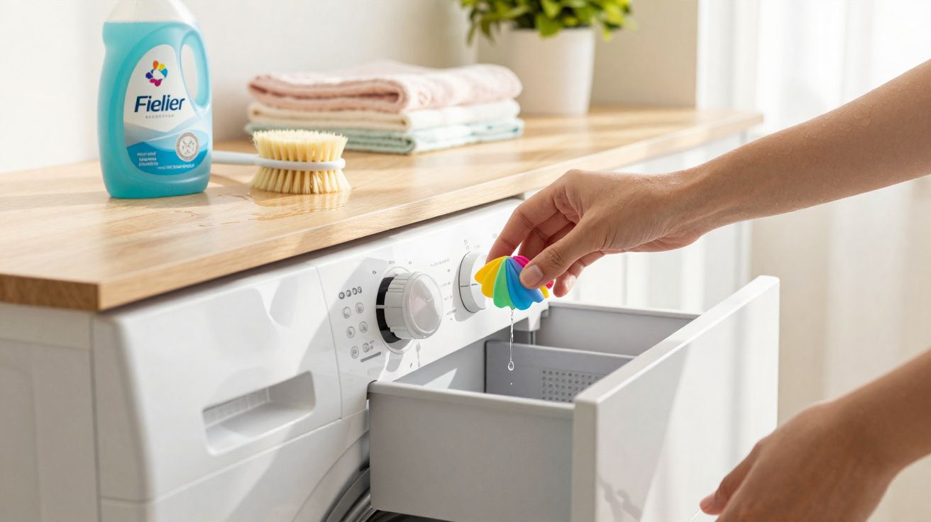 Pessoa segurando dose de amaciante colorido sobre máquina de lavar roupas branca em lavanderia.