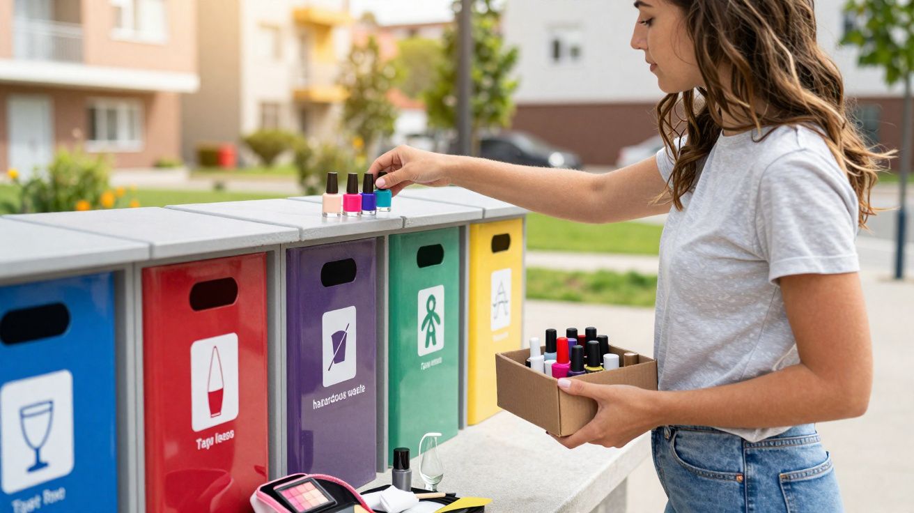 Mulher recolhendo esmaltes para reciclagem, perto de lixeiras coloridas de coleta seletiva ao ar livre.