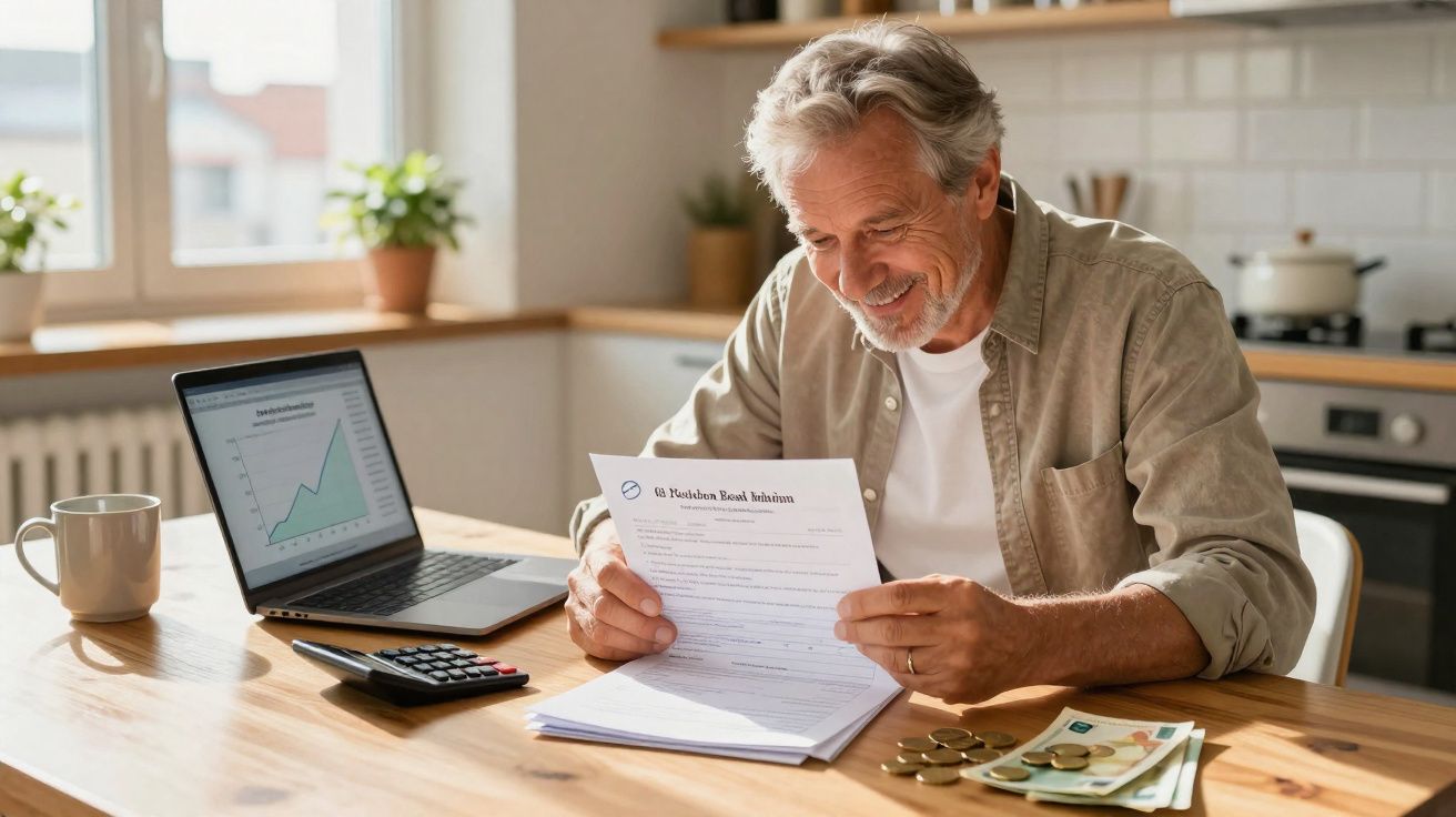 Homem sorridente revisa documentos financeiros com laptop, calculadora, dinheiro e moedas à mesa na cozinha.