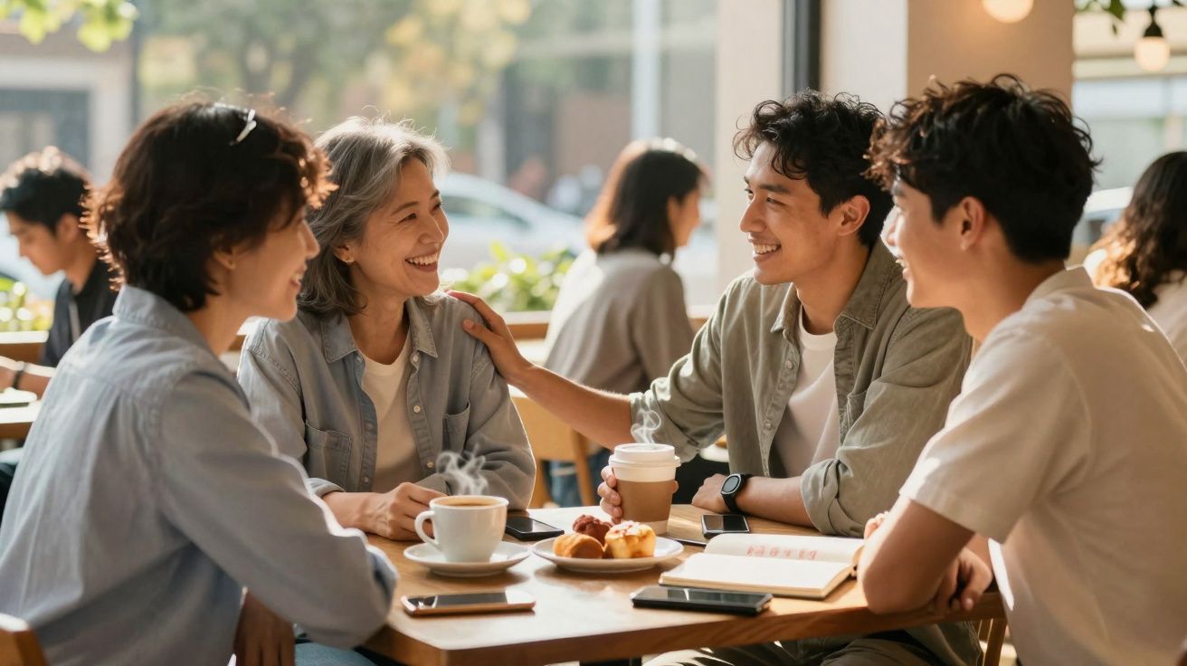 Quatro jovens sentados em uma cafeteria sorrindo, com café e comida na mesa.
