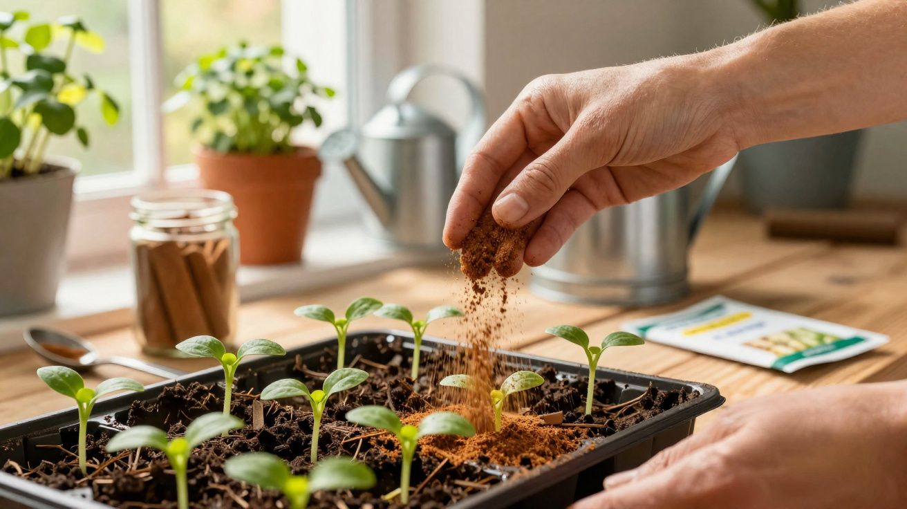 Pessoa aplicando fertilizante em mudas verdes plantadas em bandeja preta dentro de casa.