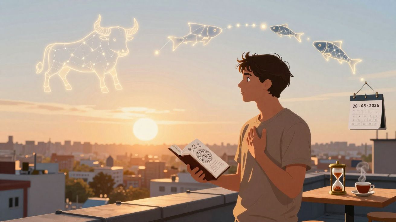 Jovem lendo livro de astrologia ao pôr do sol, com constelações e calendário visíveis no céu.