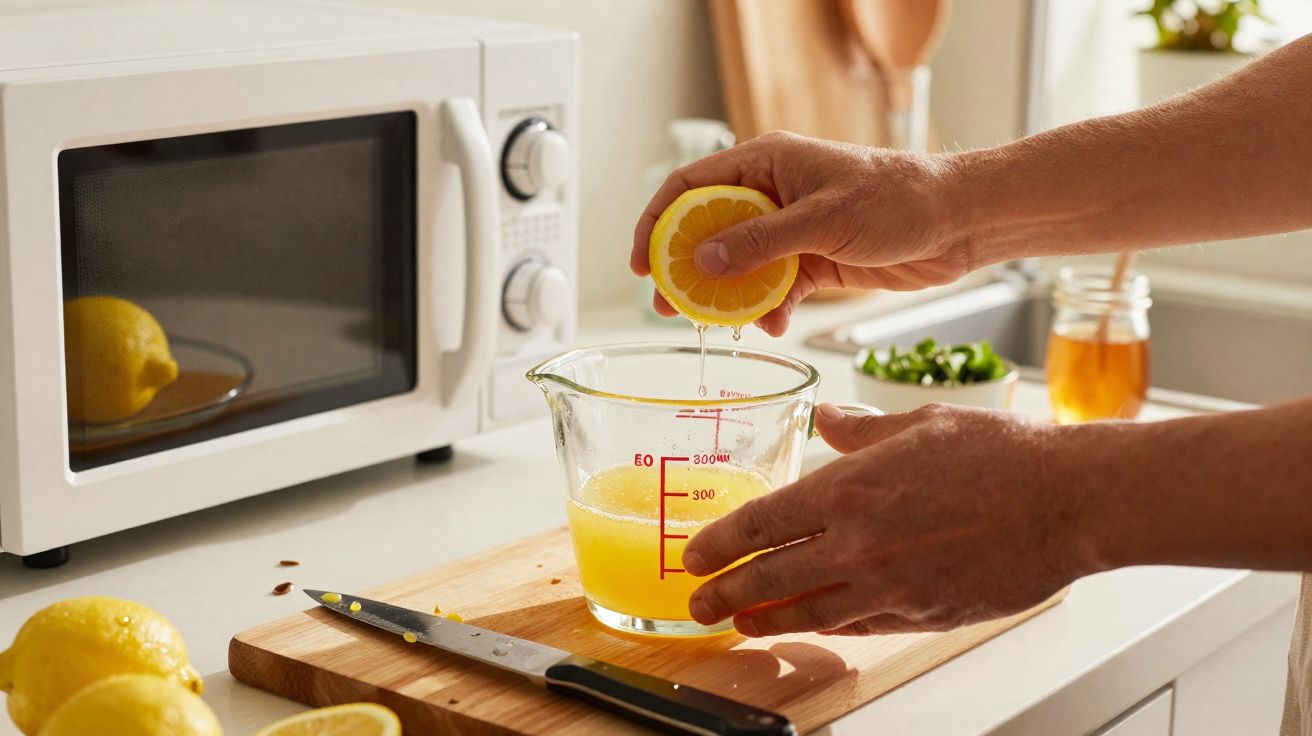 Pessoa espremendo limão em copo medidor na cozinha com micro-ondas, limões e faca sobre bancada de madeira.