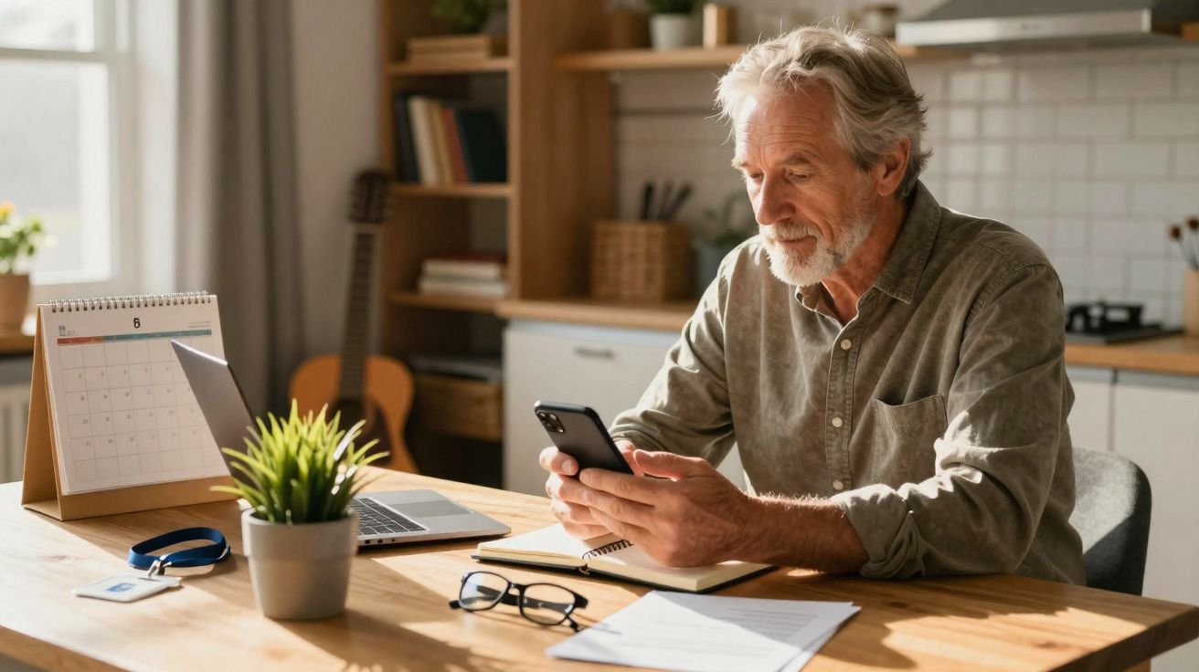 Homem idoso sentado à mesa usando celular, com laptop, óculos e calendário à sua frente.