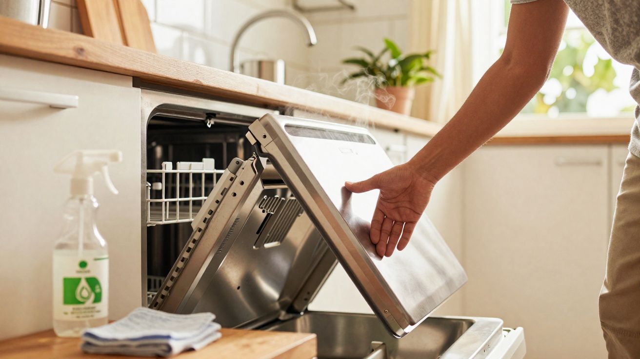 Pessoa abrindo lava-louças inox em cozinha clara com planta e pano de prato dobrado.