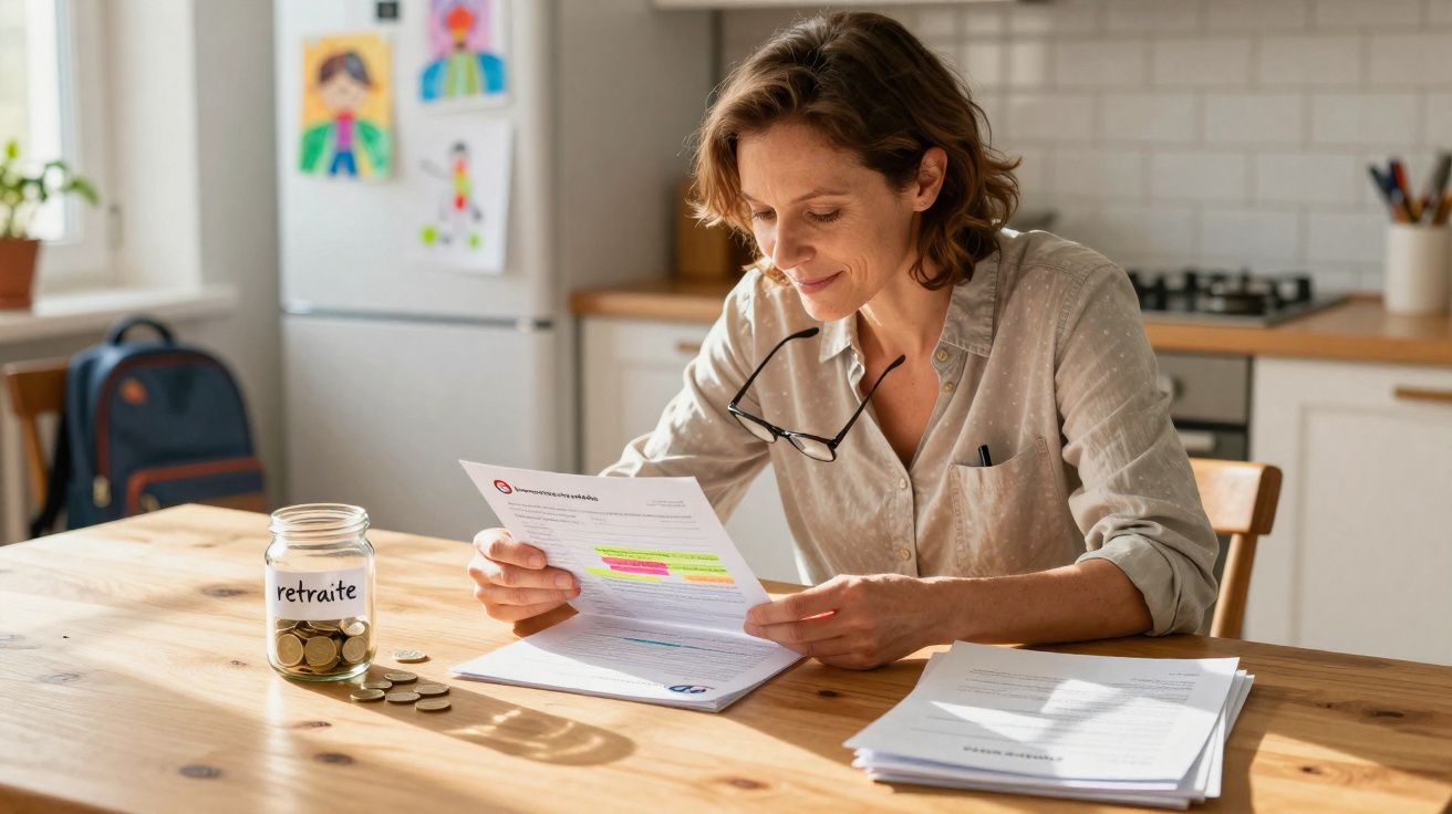 Mulher lê documentos sentada à mesa de cozinha com pote de moedas rotulado "retraite".