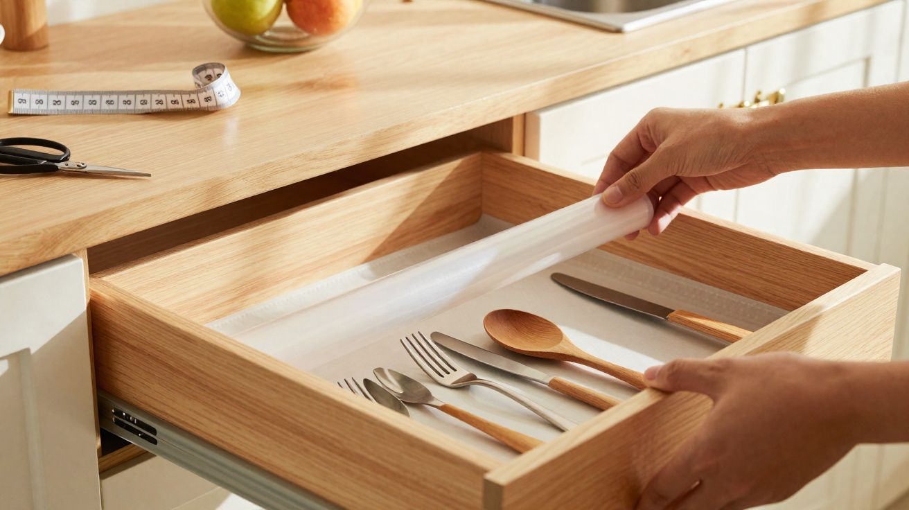 Pessoa colocando forro branco em gaveta com talheres e utensílios de madeira em cozinha clara.