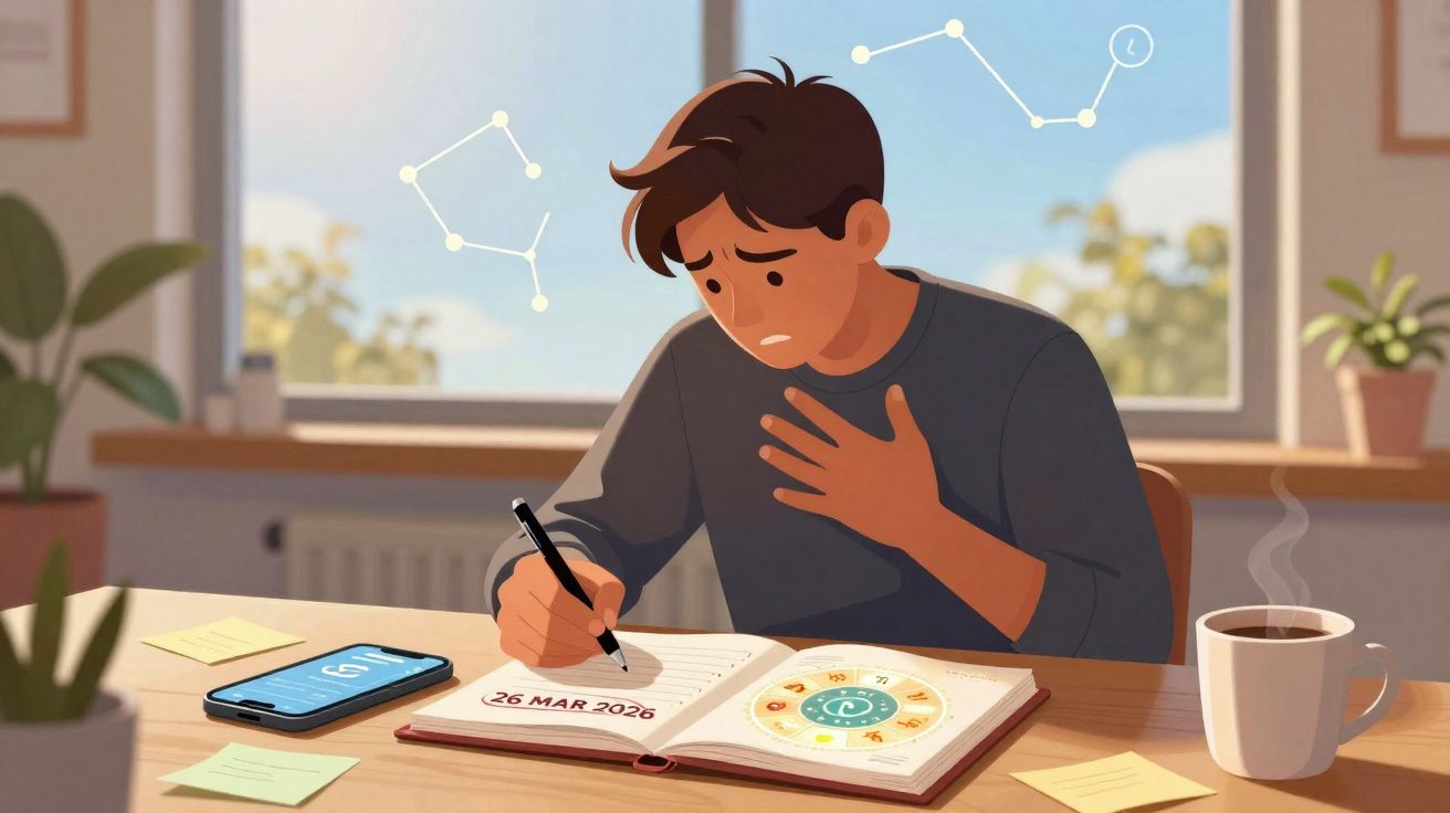 Ilustração de homem preocupado anotando data em agenda com símbolos astrológicos ao fundo e café na mesa.