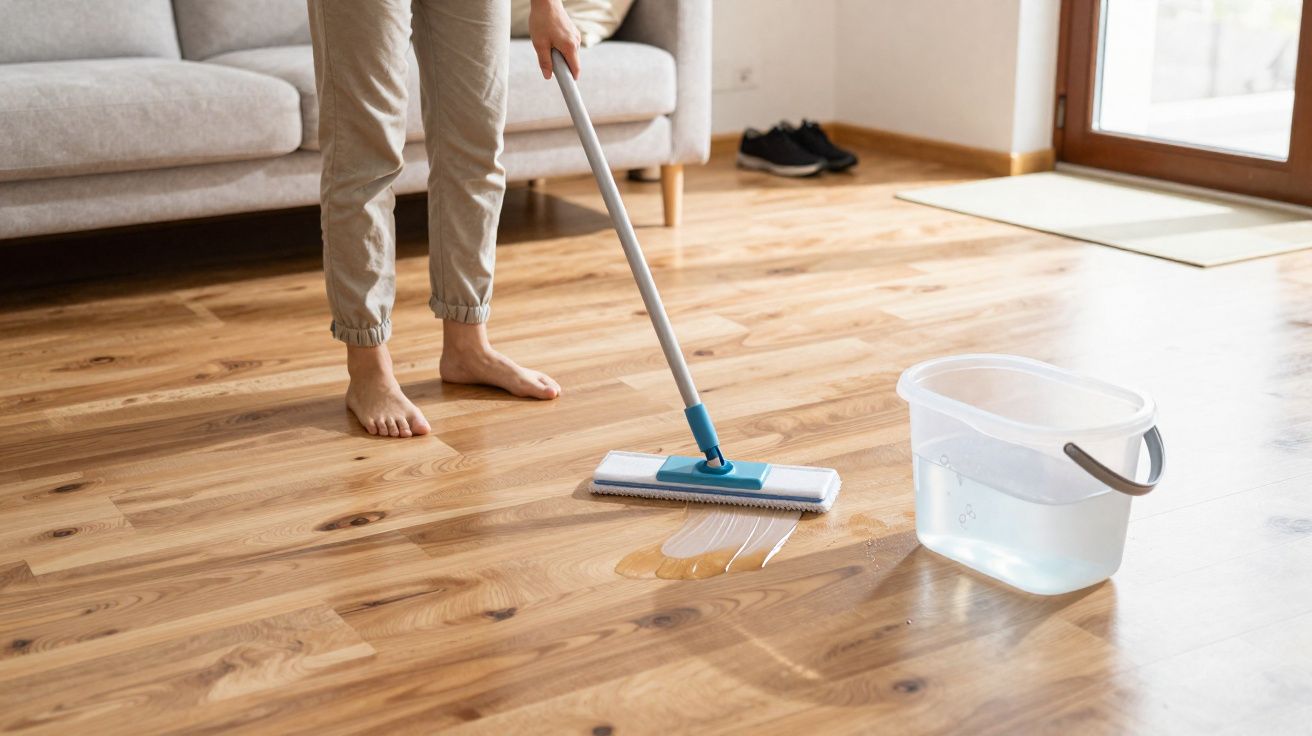 Pessoa limpando chão de madeira com esfregão e balde de água em sala iluminada com sofá e janela ao fundo.