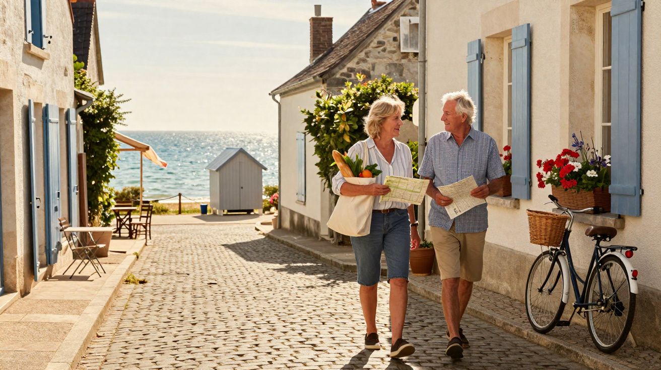 Casal de idosos caminhando por rua de paralelepípedo em vila litorânea com mapa e cesta de compras.