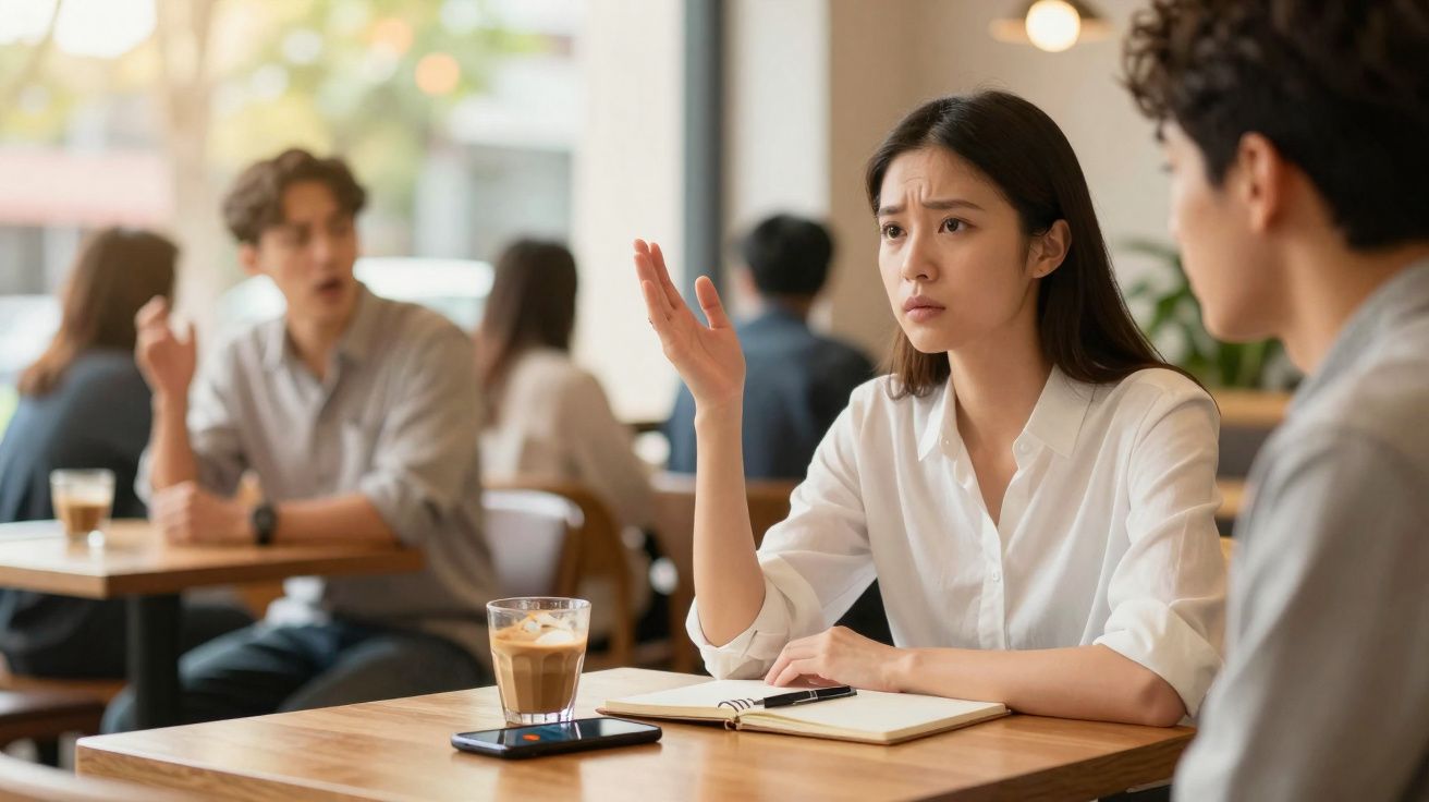 Mulher de camisa branca conversa séria com homem em café movimentado, com pessoas ao fundo.