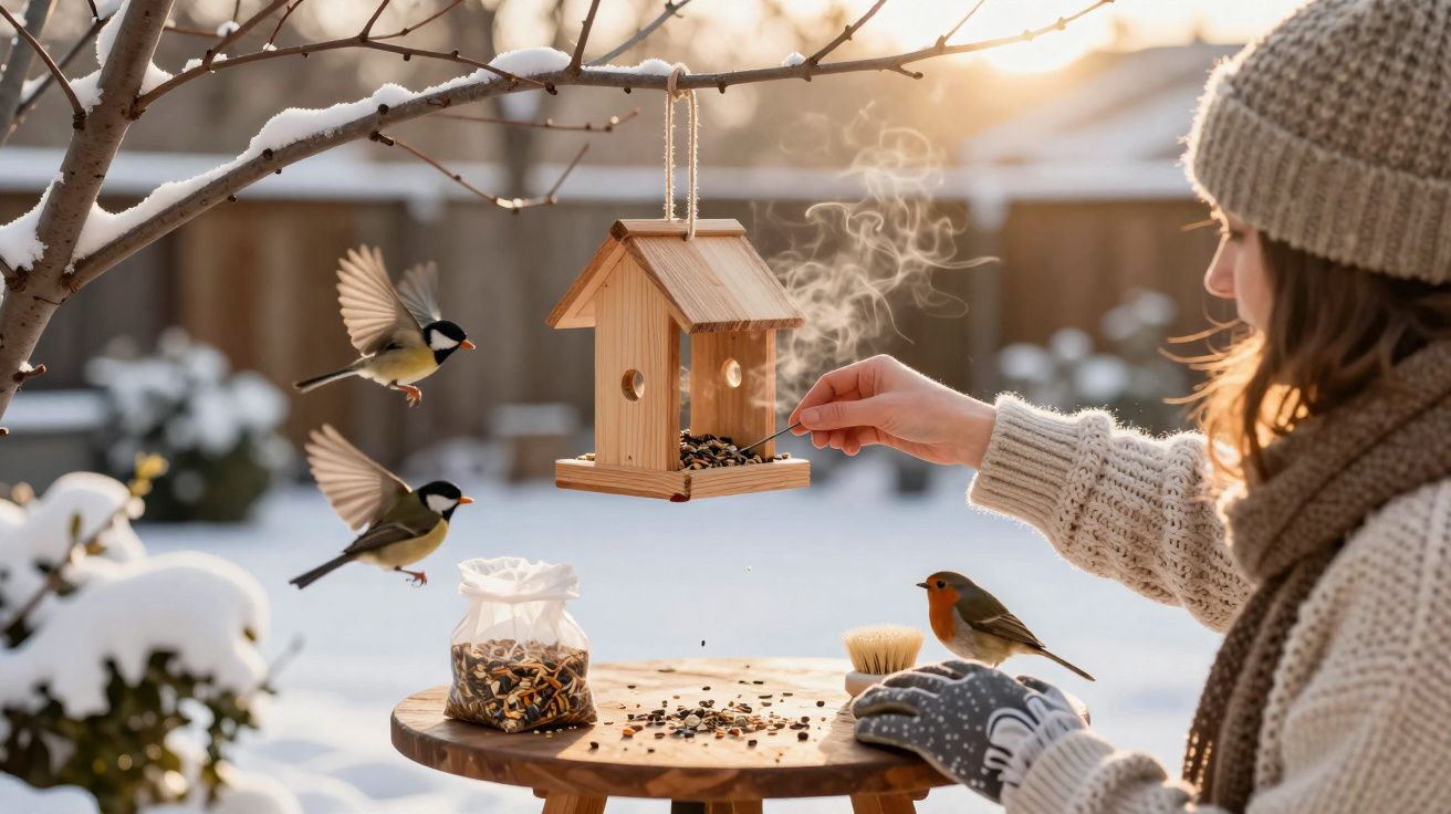 Mulher alimenta pássaros com comedouro de madeira em jardim com neve ao amanhecer.