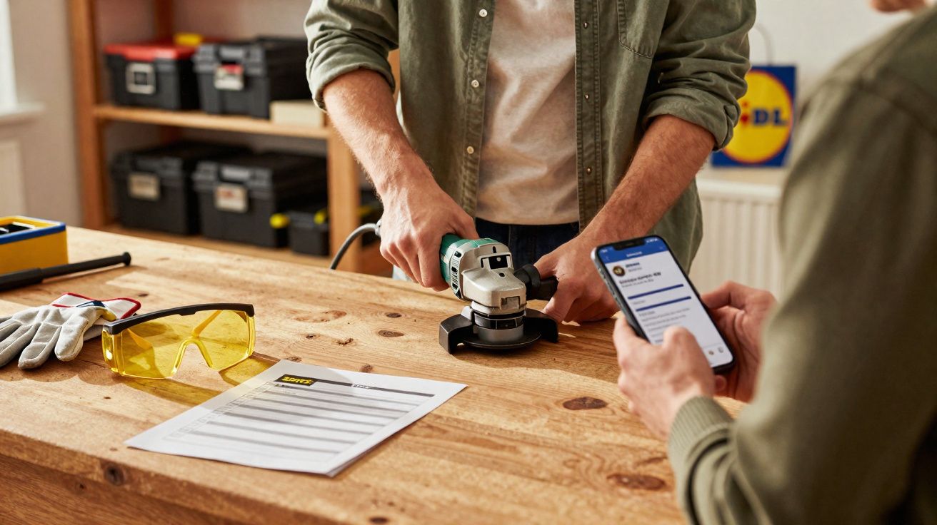 Pessoa usando lixadeira em bancada de madeira, com óculos de proteção amarelo e luvas ao lado, outra pessoa segura celular.