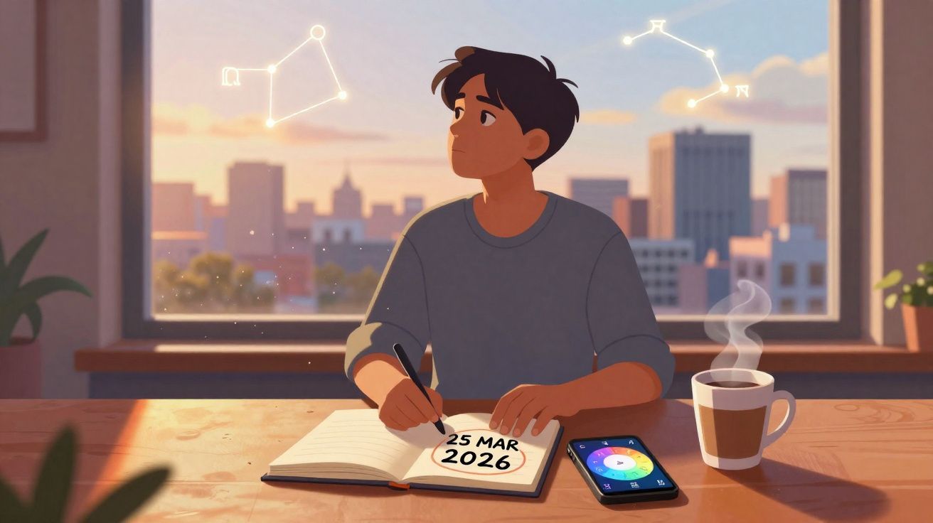 Jovem sentado escrevendo em diário com data, smartphone e xícara de café, olhando para constelações na janela.