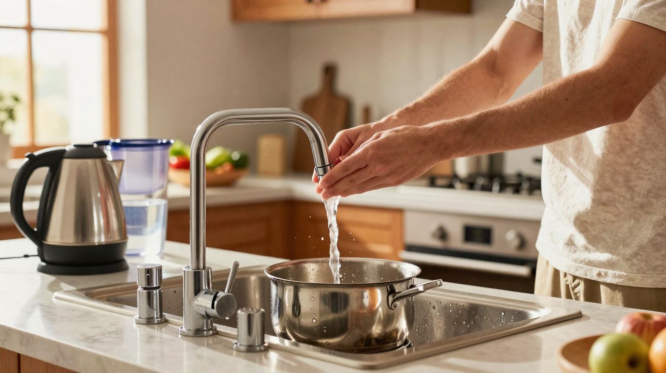 Pessoa enchendo panela com água na pia de cozinha moderna com bancada de mármore.