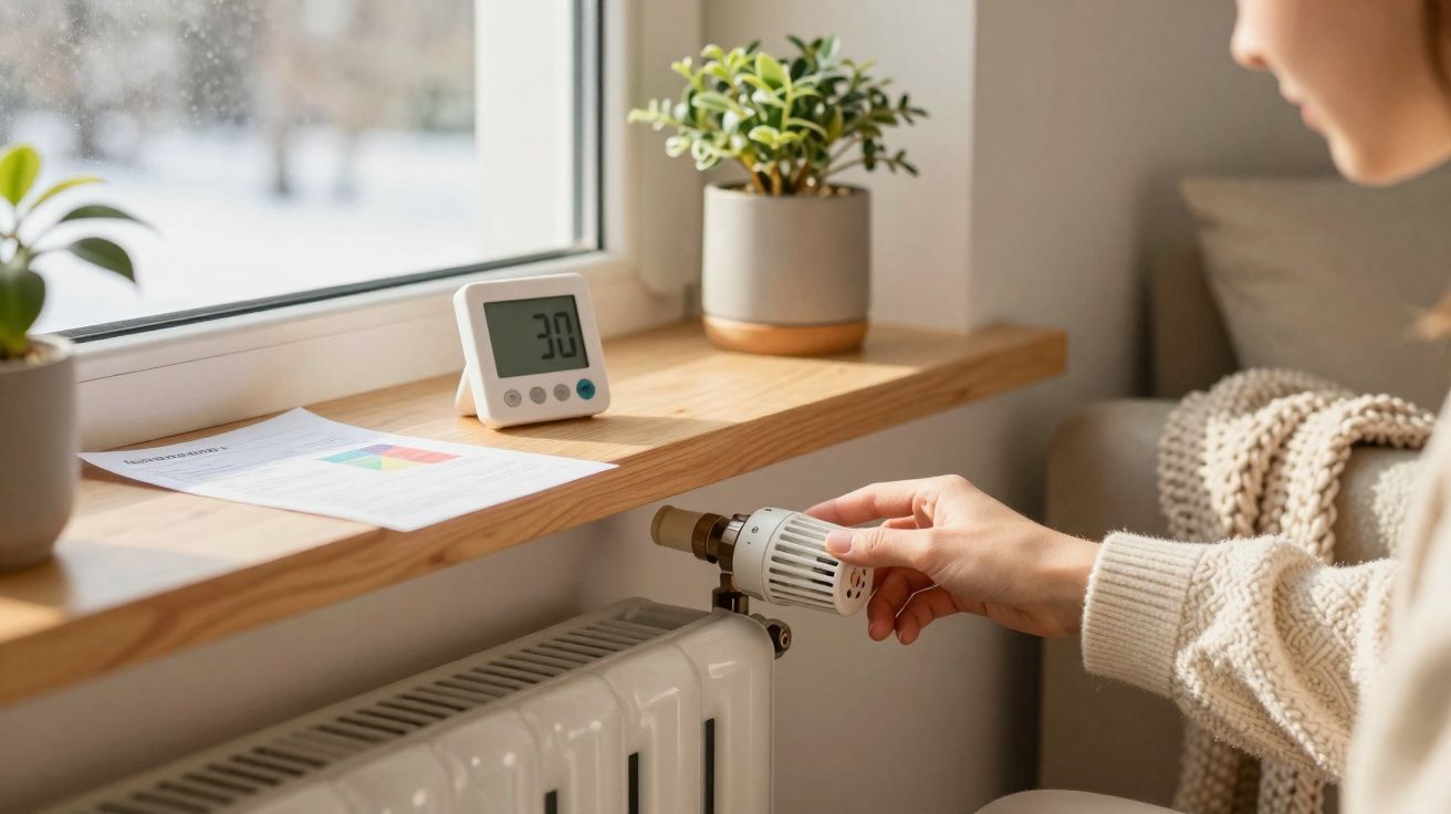 Pessoa ajustando termostato de aquecedor próximo a janela com termômetro digital e plantas.
