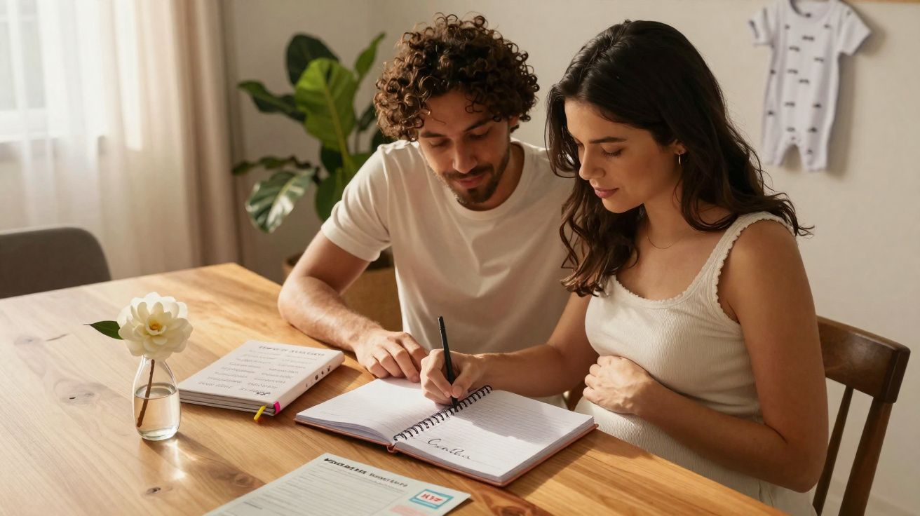 Casal jovem sentado à mesa escrevendo em caderno, mulher grávida com mão na barriga.