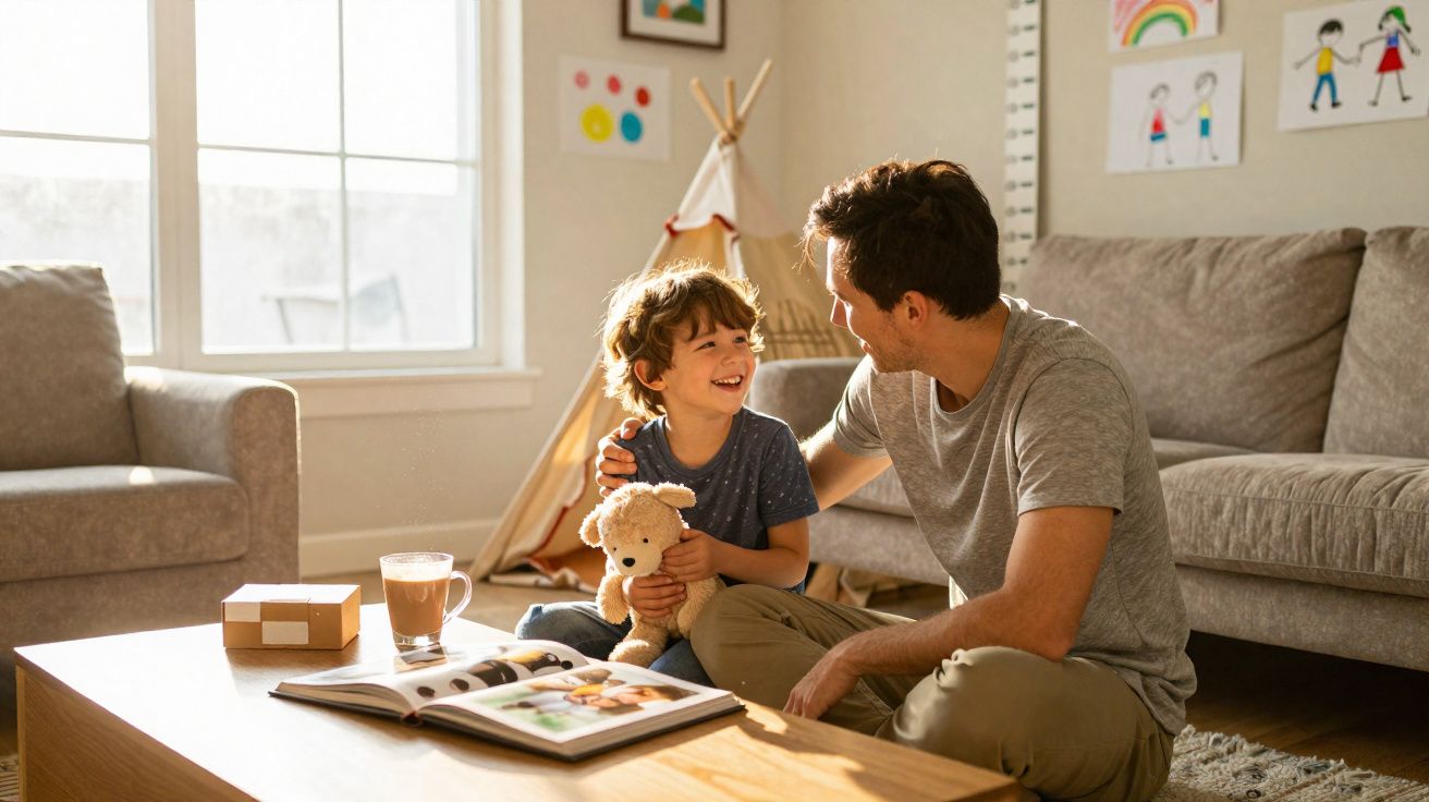 Pai e filho sorrindo enquanto brincam com ursinho em sala iluminada, com livros e desenhos ao fundo.