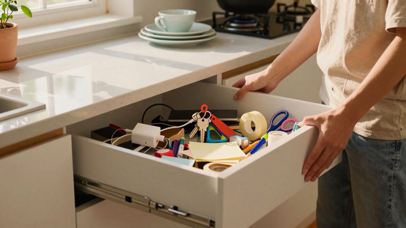 Pessoa abrindo gaveta cheia de materiais de escritório, como canetas, tesoura, fita adesiva e chaves.