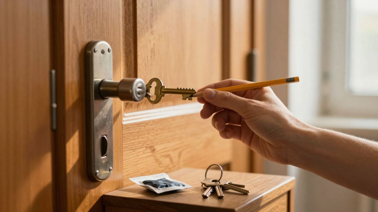 Mão segurando lápis com chave para abrir fechadura de porta de madeira, mesa com enxerto de chaves ao lado.