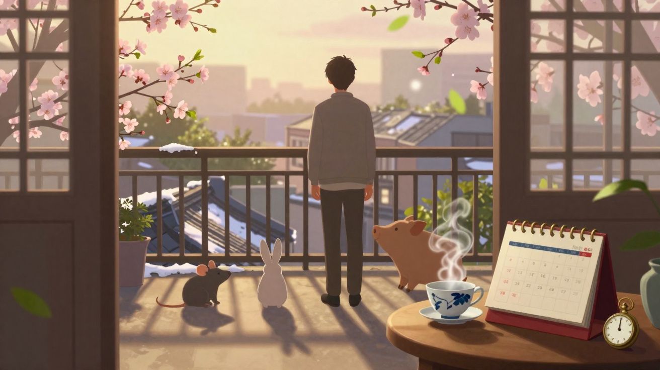 Pessoa de costas observando o nascer do sol na varanda com animais e flores de cerejeira ao redor.