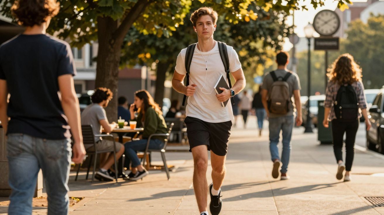Jovem caminhando na calçada da cidade com mochilas e pessoas sentadas em mesas ao ar livre.